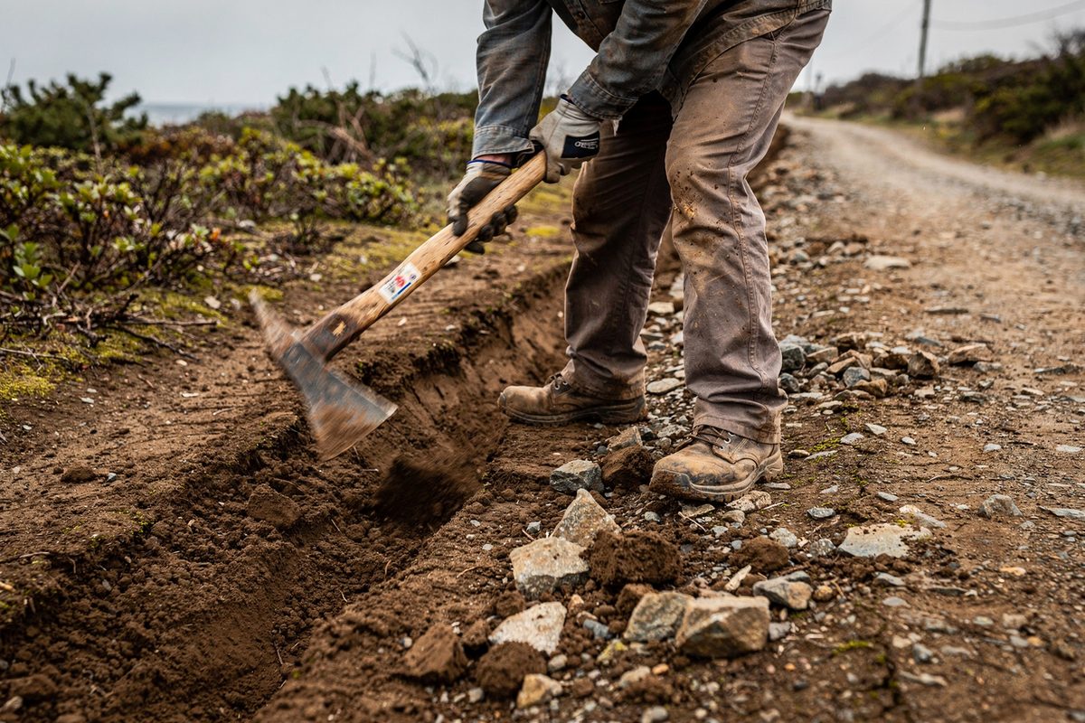 A worker cuts a shallow drainage channel beside an eroded trail tread with a mattock